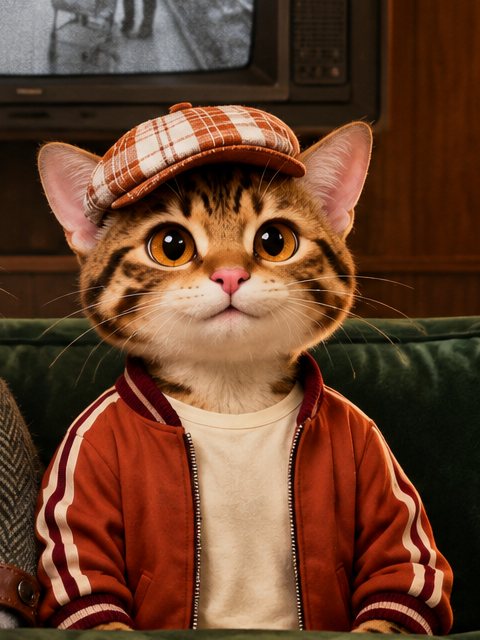 Cap, a golden-brown tabby in an oversized checked flat cap and a rust-red varsity jacket.