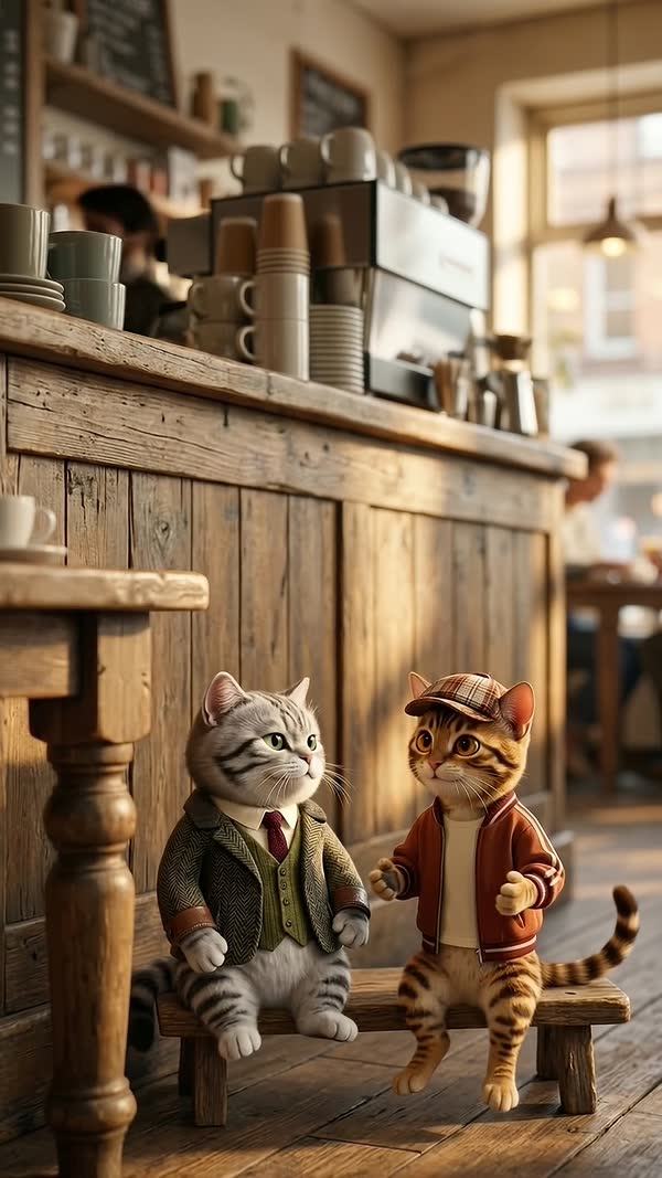 Sir and Cap at a wooden café counter in morning light.