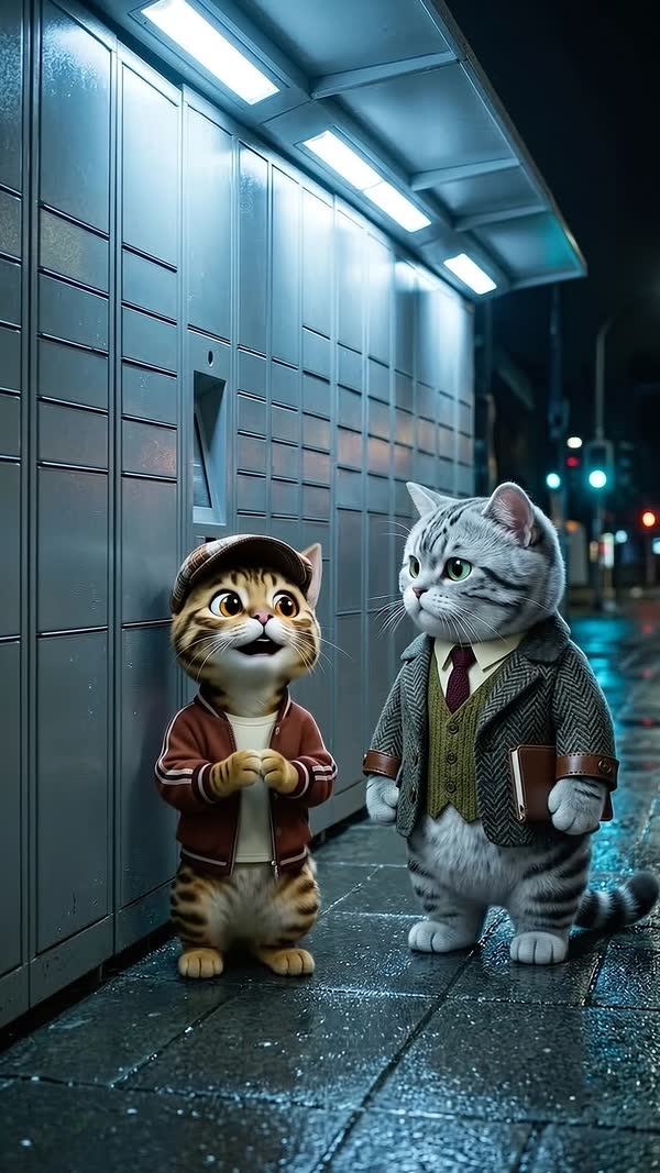 Sir and Cap in front of a wall of parcel lockers at night.