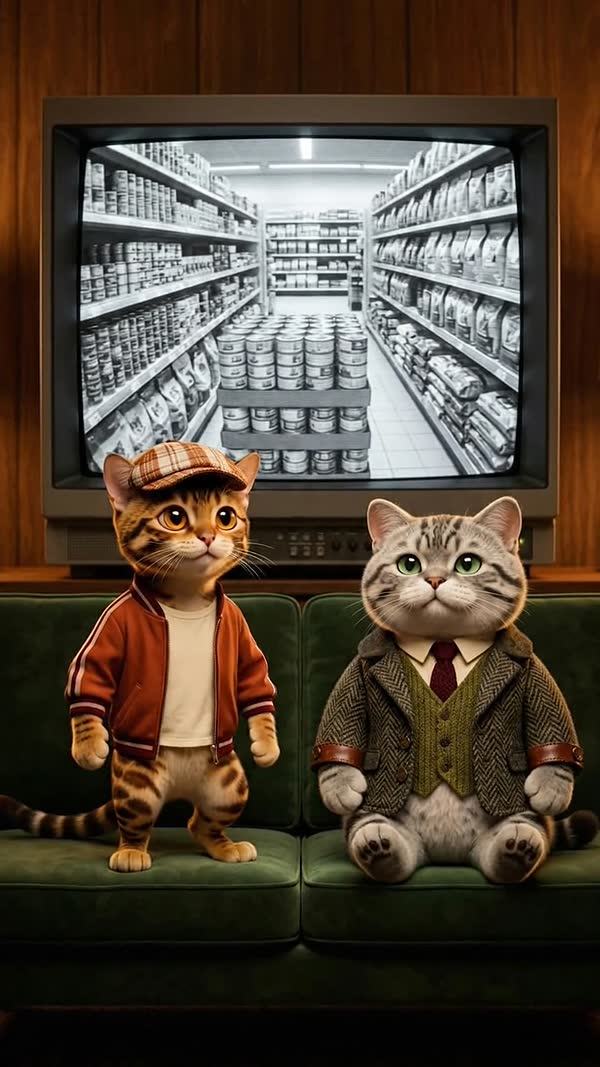 Sir and Cap on the studio sofa, a wall of tinned provisions on the monitor behind them.