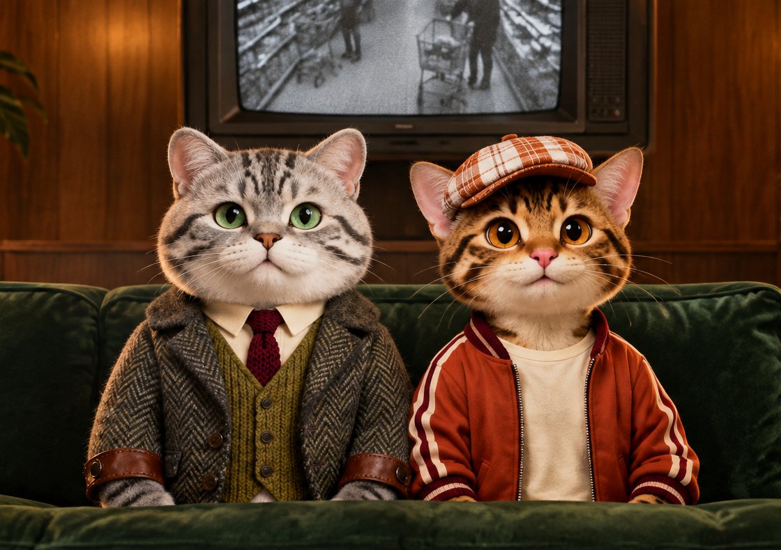 Sir and Cap seated on a green velvet sofa in a wood-panelled studio, a monitor behind them showing grainy surveillance footage of a shop.