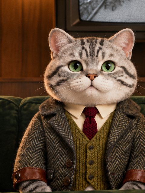 Sir, a silver-grey tabby in herringbone tweed with an olive waistcoat and burgundy knitted tie.